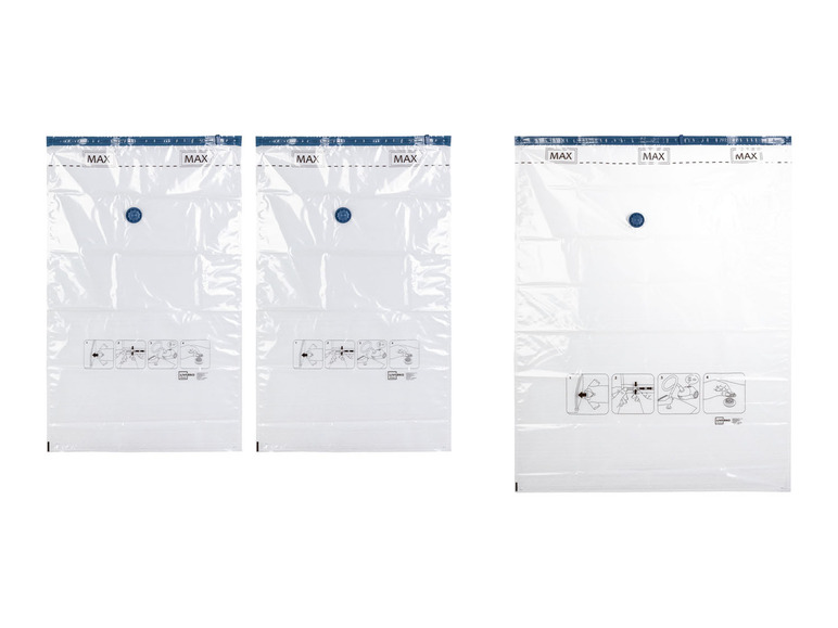 Drei Vakuumbeutel zum Verpacken von Kleidung.