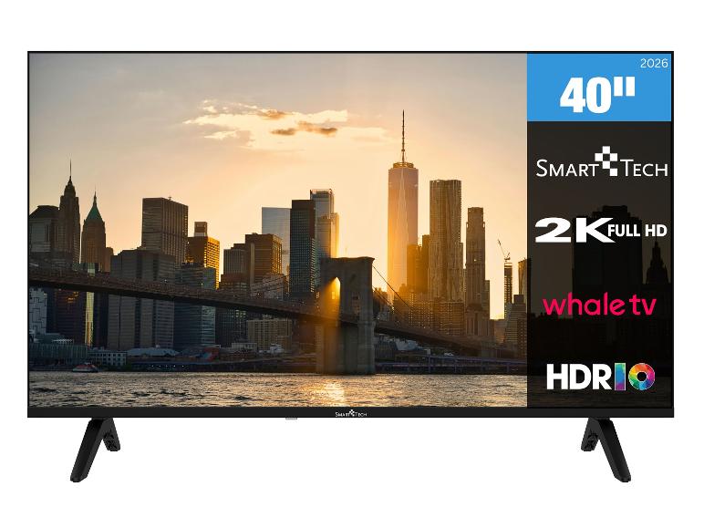 40-Zoll-Fernseher mit 2K Full HD-Auflösung und HDR10, der eine Stadtlandschaft bei Sonnenuntergang zeigt.