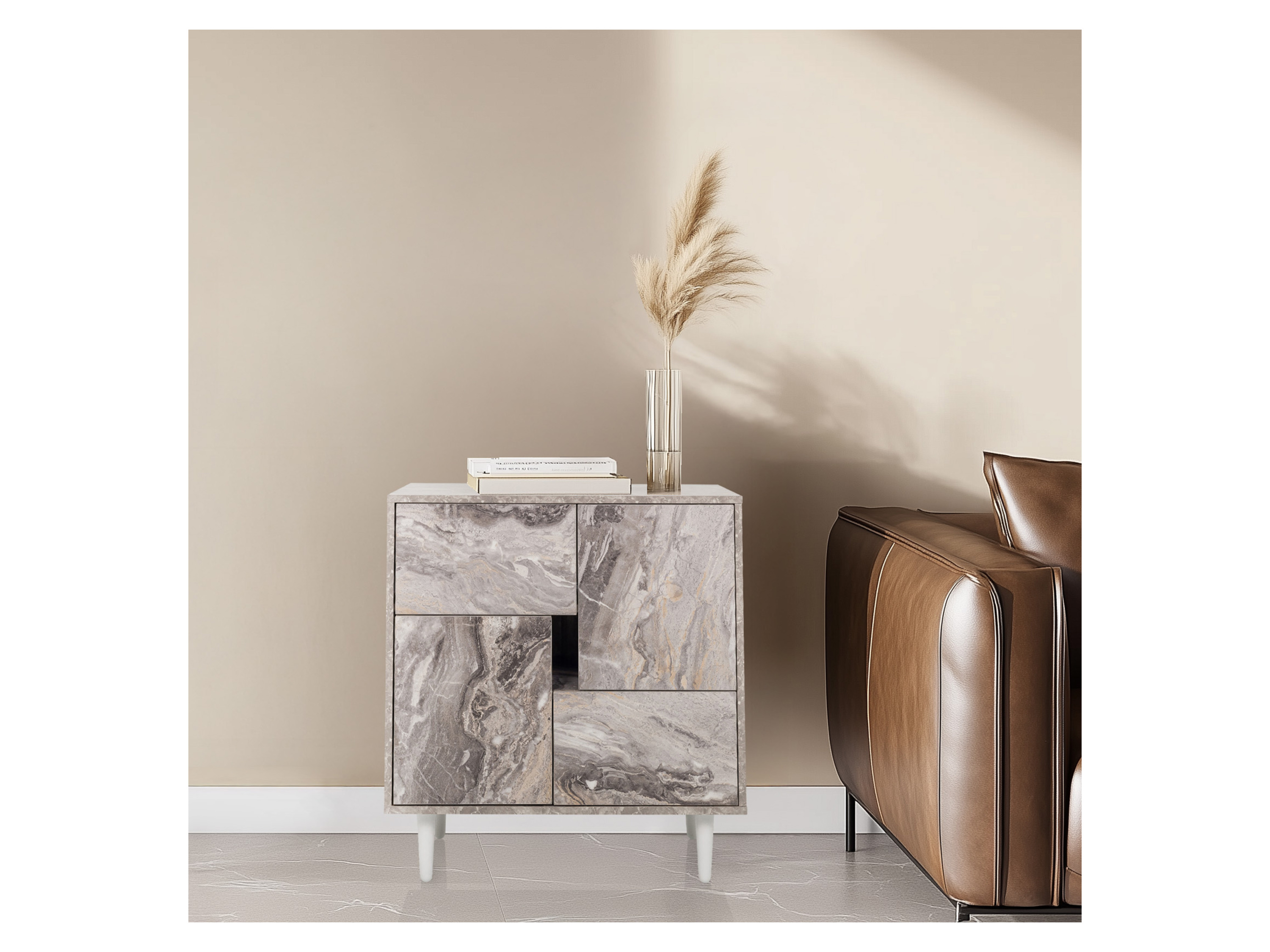 HJH LIVING Sideboard / Kommode LYKKJA (weiß/marmor) – Bild 2 von 4