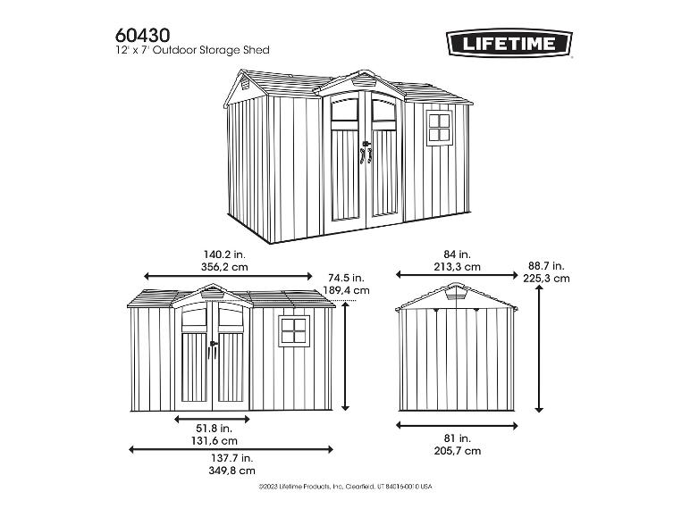 Maßzeichnung für einen 12' x 7' Outdoor-Geräteschuppen, mit detaillierten Maßen in Zoll und cm.