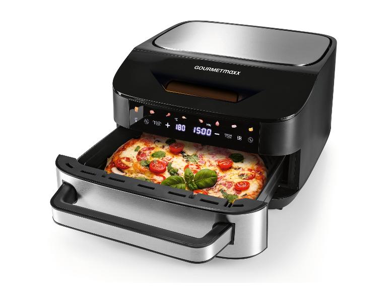 Heißluftfritteuse mit herausgezogener Schublade, die eine Pizza enthält.