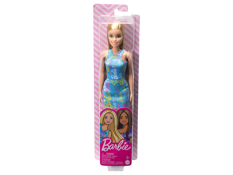 Barbie Puppe in einem blauen Kleid mit Barbie-Aufdruck, verpackt in einer rosa Box.
