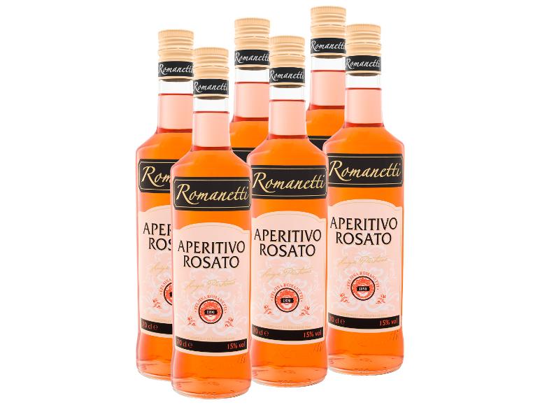 Sechs Flaschen Aperitivo Rosato, ein orange-rosafarbenes alkoholisches Getränk, 15% vol, 70cl.