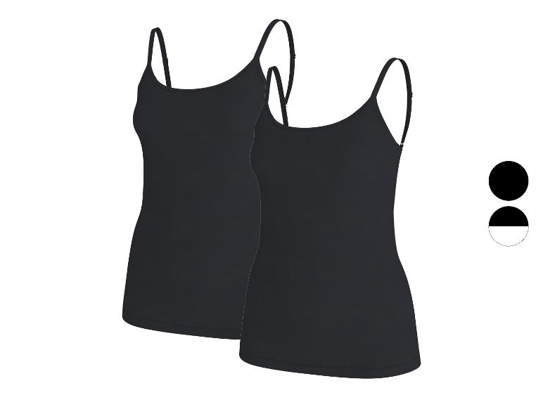 Zweierpack schwarze Damen-Spaghettiträger-Tops mit verstellbaren Trägern.