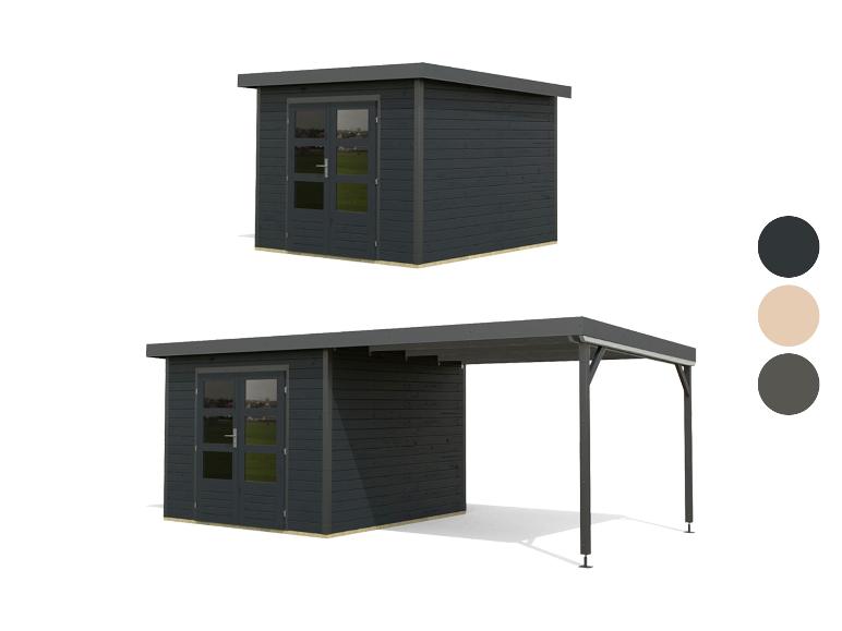 Zwei dunkelgraue Gartenhäuser, eines mit angebautem Carport.