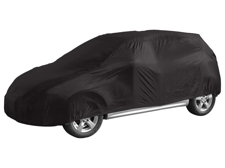 Auto mit schwarzer Schutzplane abgedeckt, Räder und Seitenschweller sichtbar.