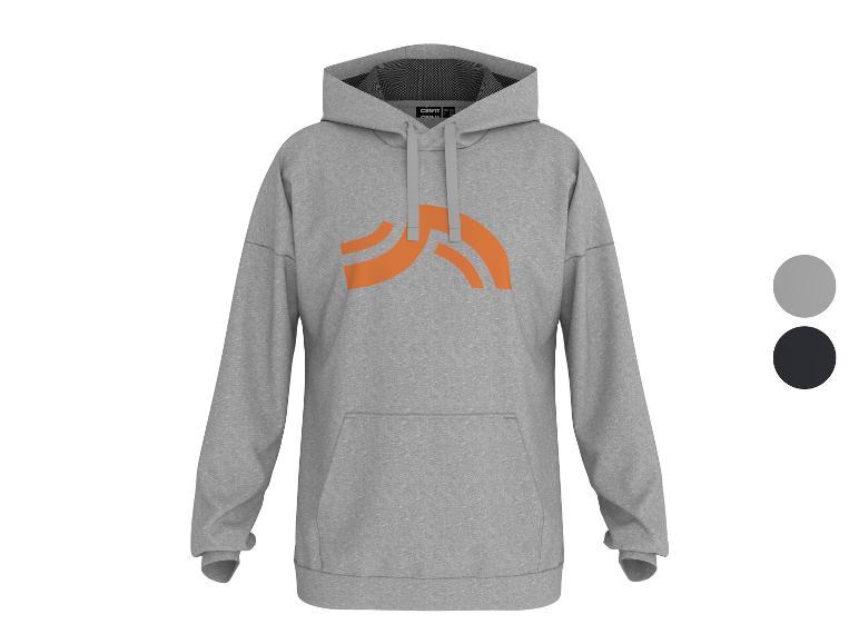 Grauer Kapuzenpullover mit orangefarbenem Logo und Bauchtasche.