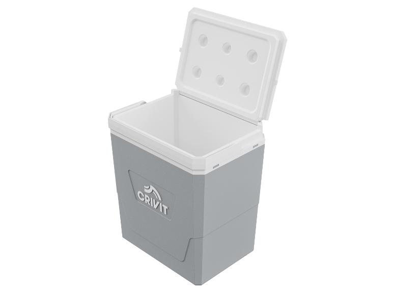 Graue Crivit Kühlbox mit offenem weißen Deckel.
