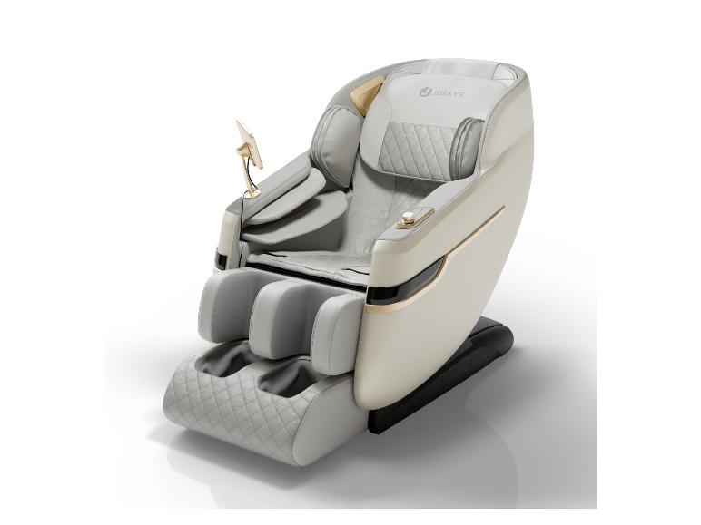 Luxuriöser Massagesessel in Creme- und Grautönen mit goldenen Akzenten und Touchscreen.