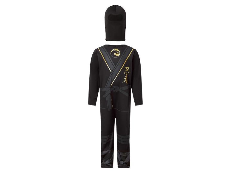 Schwarzes Ninja-Kinderkostüm mit Kapuze und goldenen Details