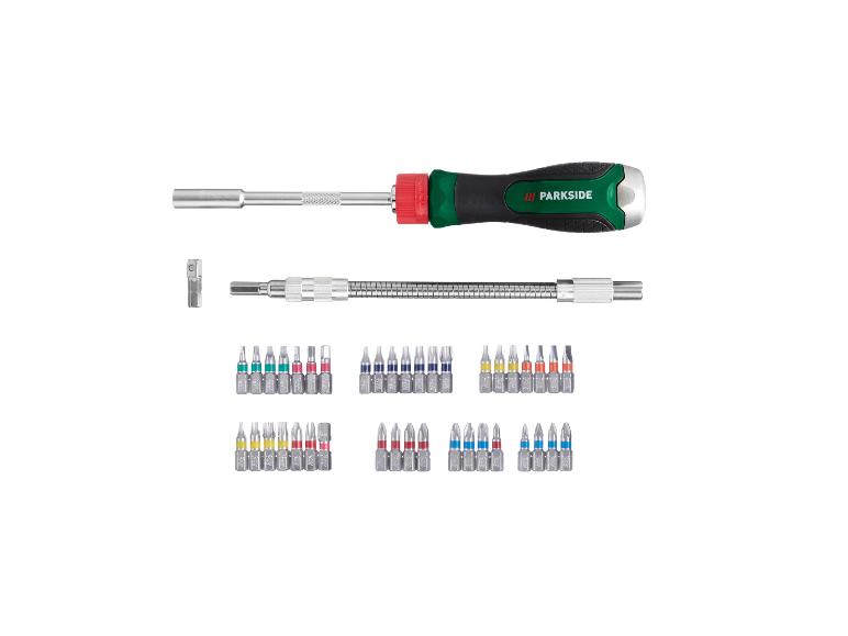 Parkside Schraubendreher-Set mit verschiedenen Bits und flexibler Verlängerung.