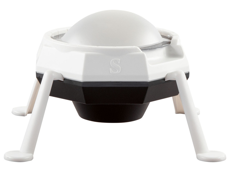 Eine weiße und schwarze tragbare Lampe mit drei Beinen.