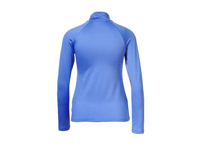 Blaues Langarm-Sportshirt mit Stehkragen, von hinten gesehen.
