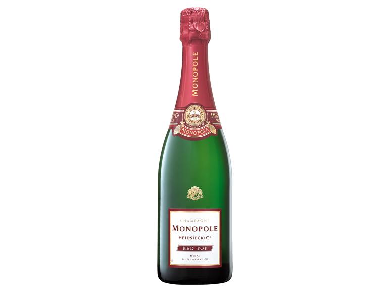 Eine Flasche Heidsieck & Co Monopole Red Top Sec Champagner.