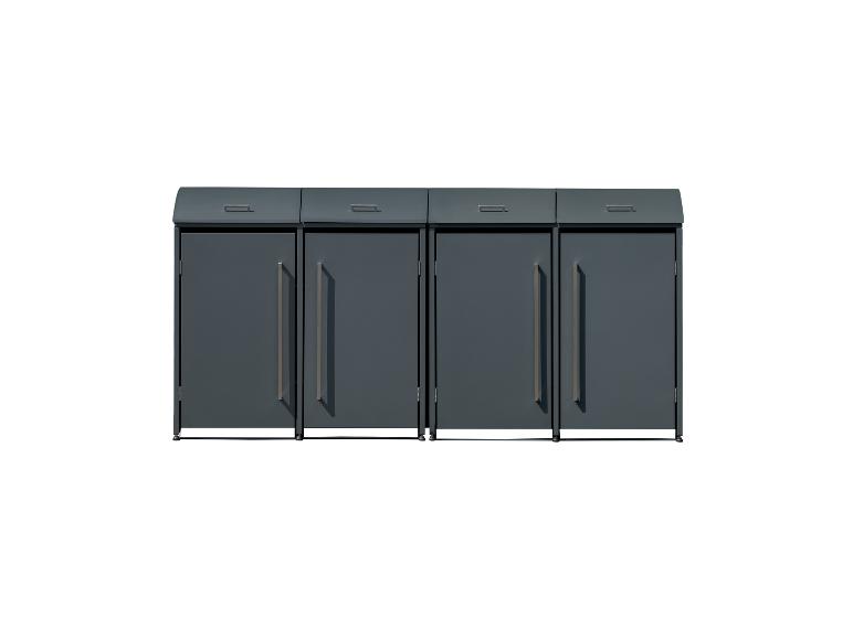 Vier dunkelgraue Outdoor-Aufbewahrungsschränke mit Griffen und oberen Deckeln, in einer Reihe angeordnet.