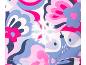 Buntes Blumen- und Tiermuster mit Schneeflocken-Overlay in Rosa, Blau und Weiß.