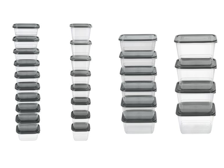 Set transparenter Lebensmittelbehälter mit grauen Deckeln, gestapelt.