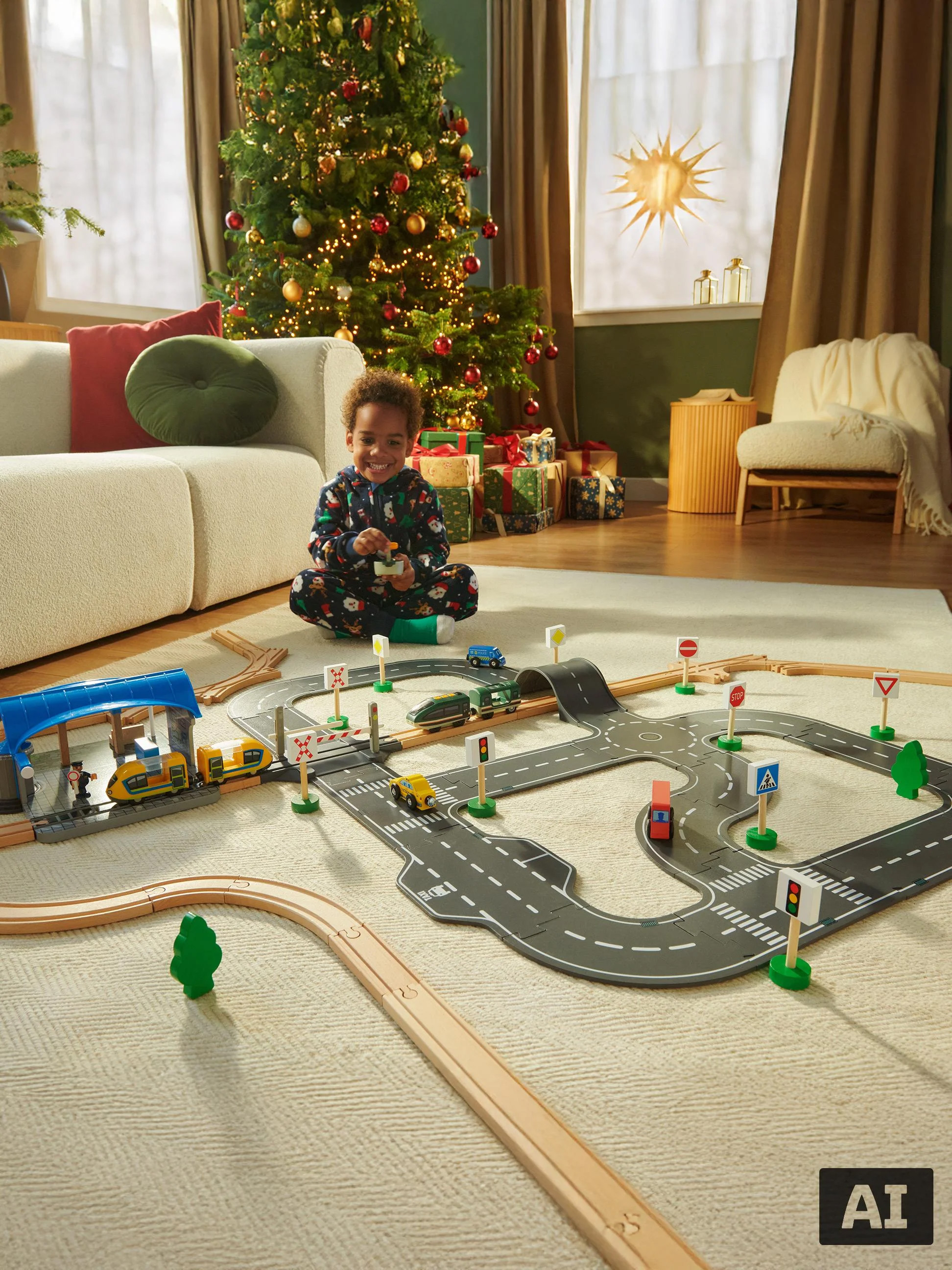 Kind spielt mit einer Holzeisenbahn und Spielzeugautos auf einem Teppich neben dem Weihnachtsbaum.