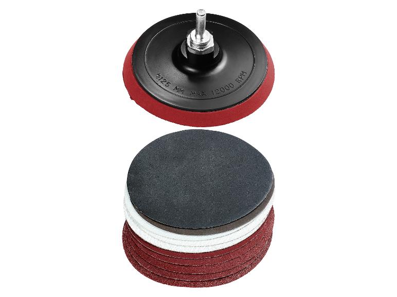 Schleifteller-Set mit Klettverschluss, 125 mm Durchmesser, max. 12000 U/min und Schleifscheiben.
