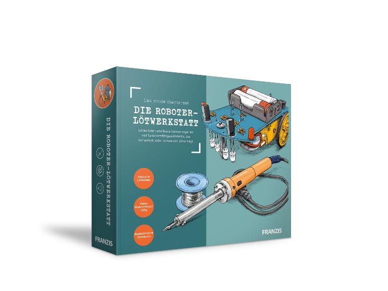 Ein Franzis Roboter-Lötwerkstatt-Set mit Lötkolben, Lötzinn und einem Roboter.