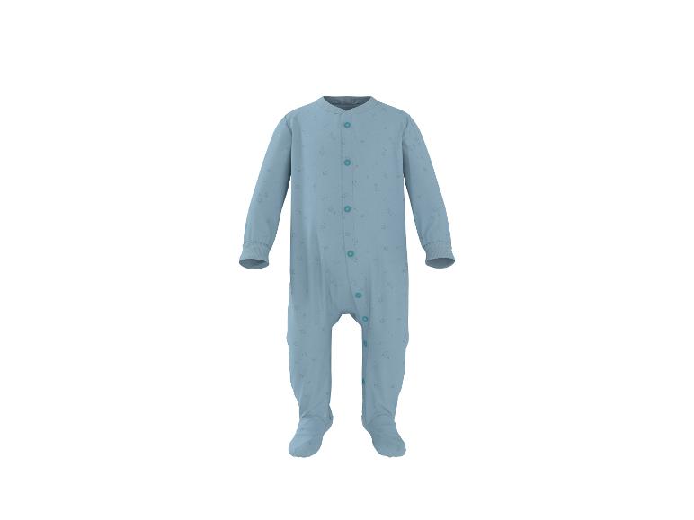 Blauer Baby-Strampler mit Sternenmuster und Druckknöpfen.