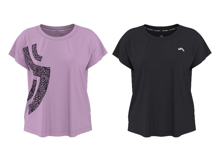 Zwei sportliche T-Shirts, eines lila mit Leopardenmuster und eines schwarz mit kleinem Logo.