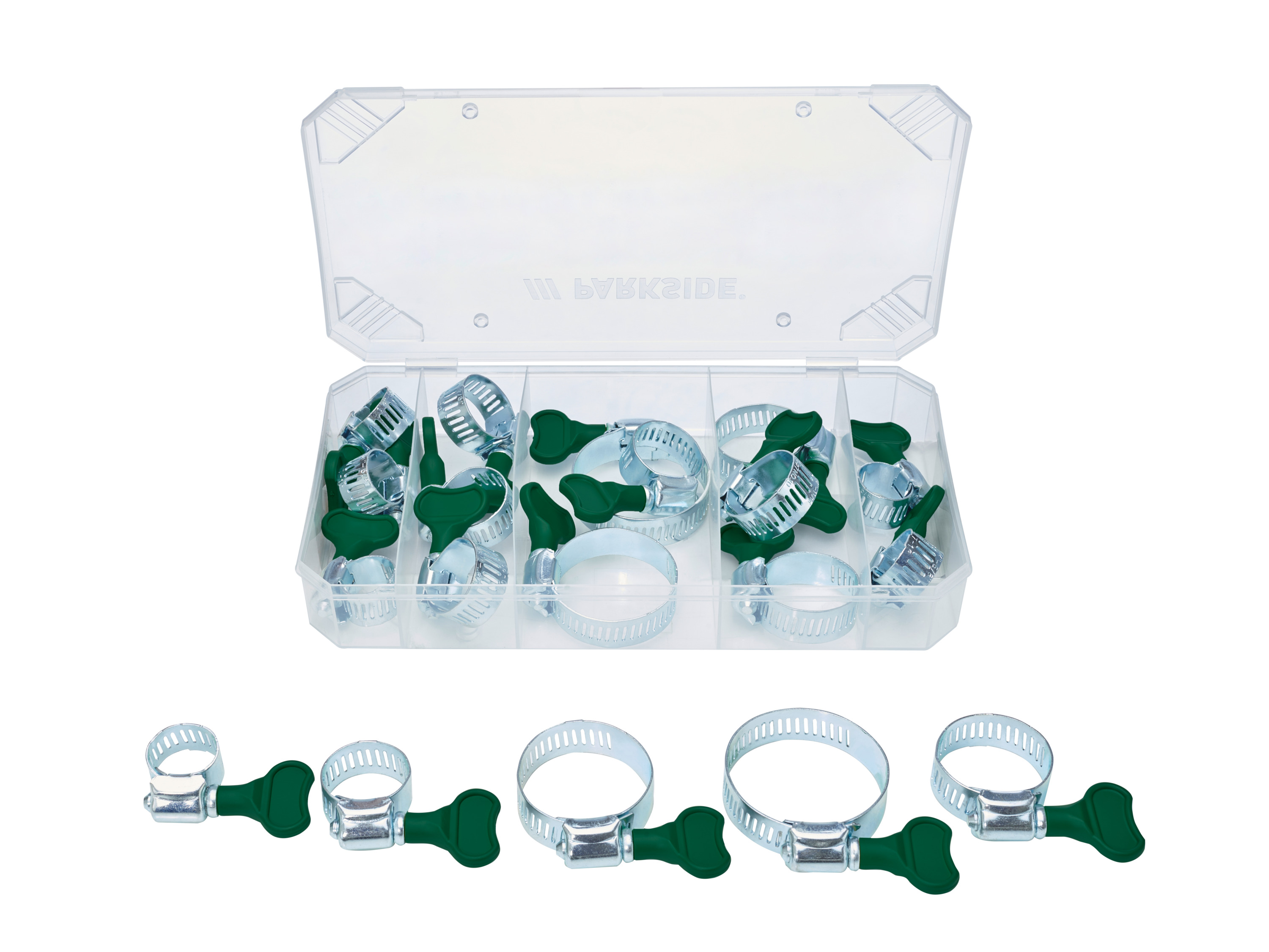 PARKSIDE® Haken-und-Ösen- / Schrumpfschlauch- / Blindnieten- / Dichtungsring- / Schlauchklemmen- / Flügelkopf-Schlauchklemmen-Sort (Schlauchklemmen-Sort. 19tlg.)