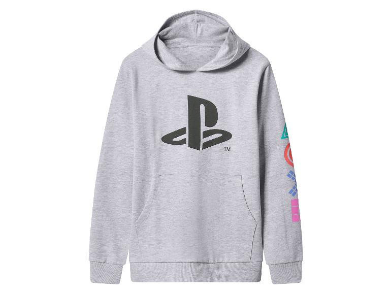 Grauer Kapuzenpullover mit PlayStation-Logo und farbigen Symbolen am Ärmel.