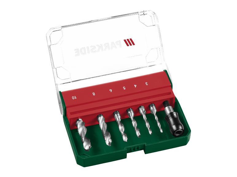 Bohrer- und Gewindebohrersatz in roter und grüner Box mit transparentem Deckel, mit den Nummern 3, 4, 5, 6, 8, 10.