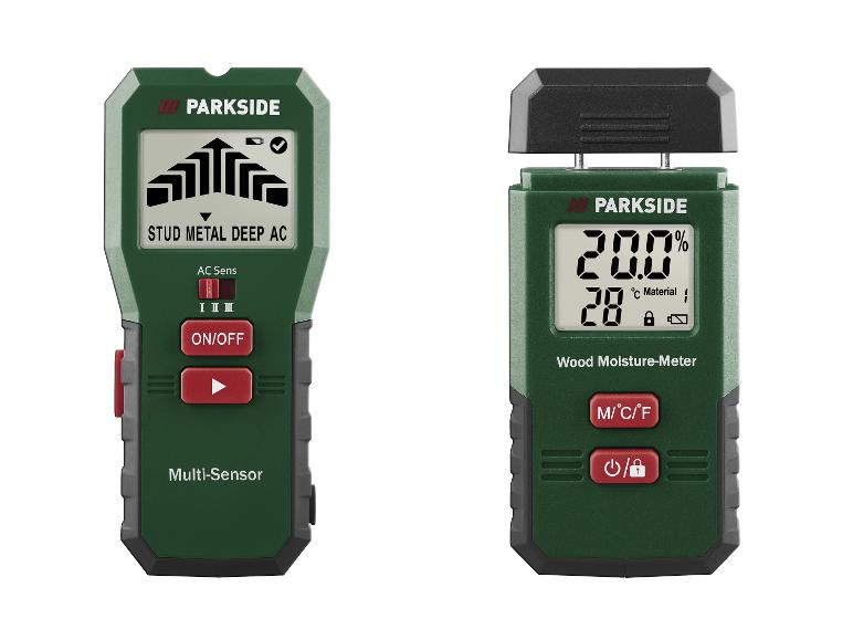 Zwei digitale Messgeräte: ein Multisensor-Ortungsgerät und ein Holzfeuchtemessgerät.