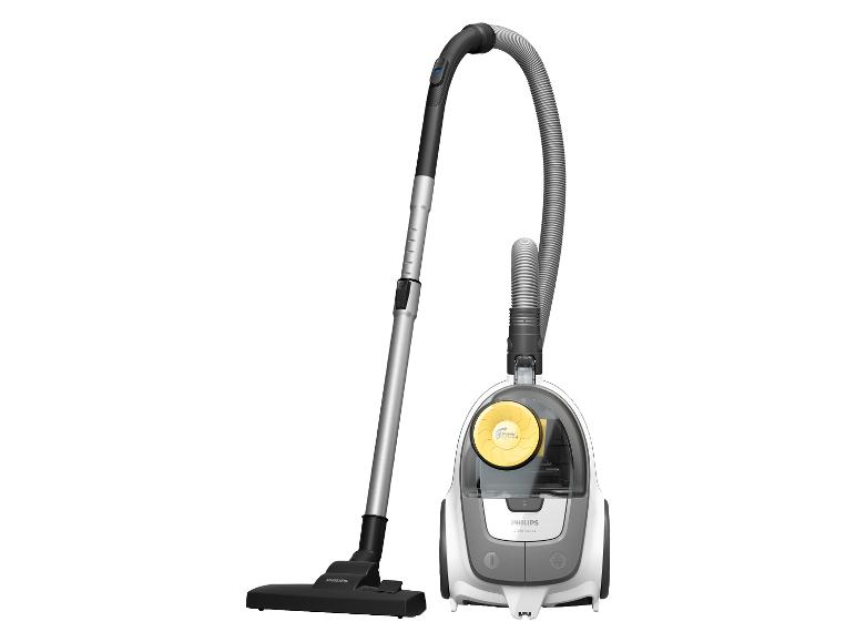 Weißer und grauer Staubsauger mit gelbem Zyklonbehälter und schwarzer Düse.