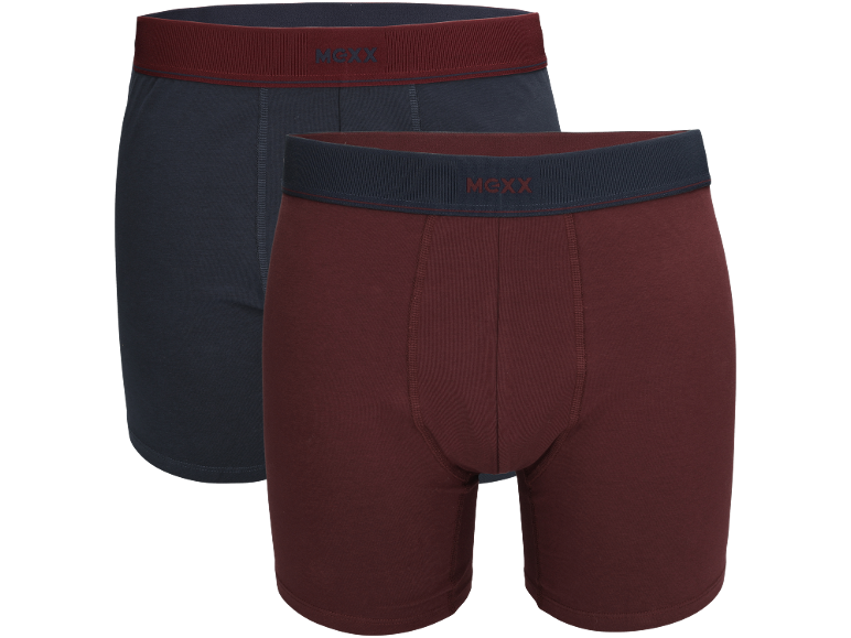 Zwei Herren-Boxershorts: eine dunkelblaue mit bordeauxrotem Bund, eine bordeauxrote mit dunkelblauem Bund.