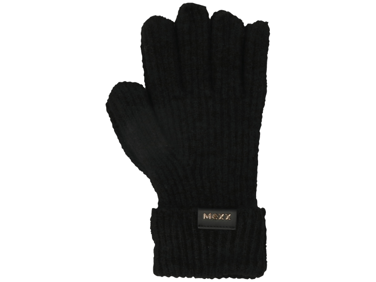 Schwarze Strickhandschuhe mit Logo am Bündchen.