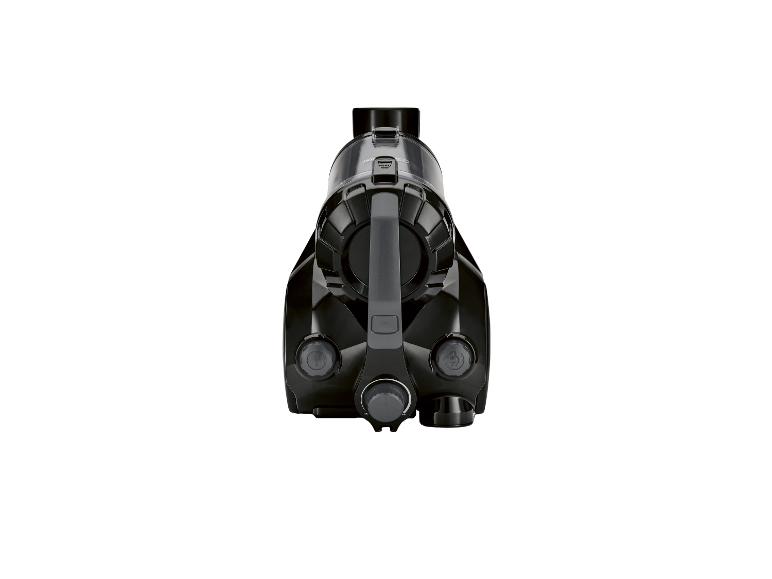 Schwarzer Staubsauger mit grauen Details, von oben gesehen.