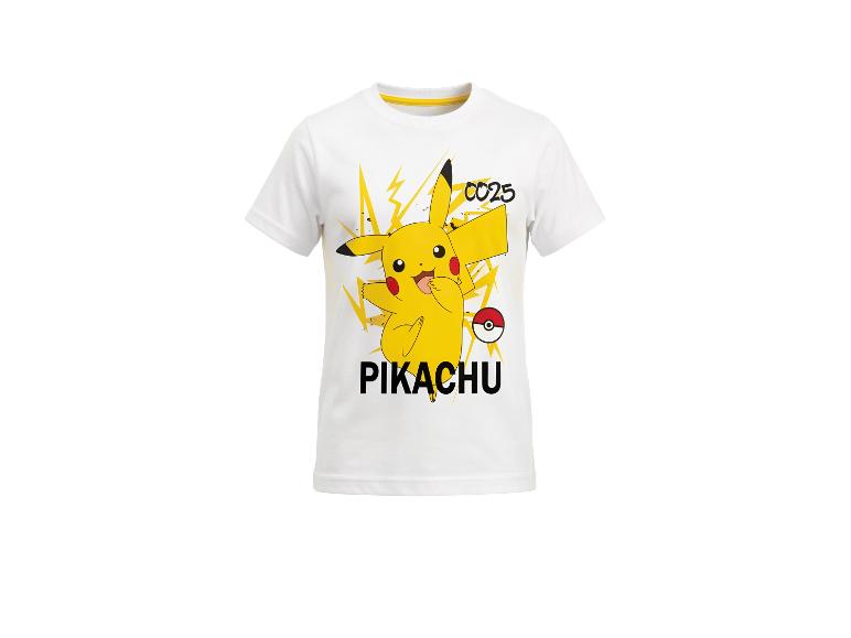 Weißes Kinder-T-Shirt mit großem Pikachu-Aufdruck, gelben Blitzen und dem Text „PIKACHU“.