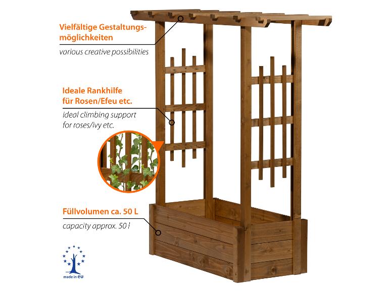 Holz-Gartenpergola mit integriertem Pflanzkasten, ideal für Kletterpflanzen, 50 L Volumen.