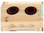 Holzspielzeugküche mit zwei Kochfeldern und Knöpfen.