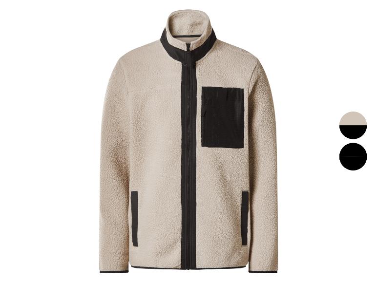 Beige Fleecejacke mit schwarzem Reißverschluss und Taschen
