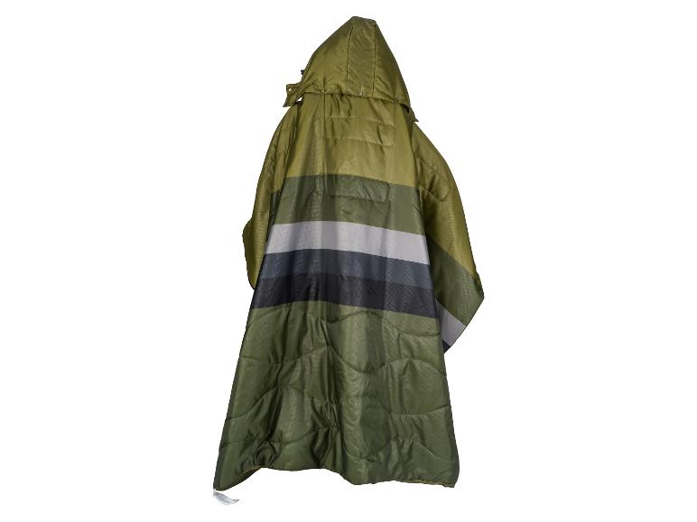 Olivengrünes, gestepptes Poncho mit Kapuze und Streifen.