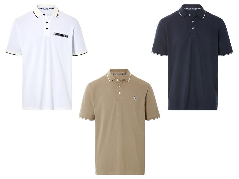 Drei Poloshirts: weiß, dunkelblau und beige.