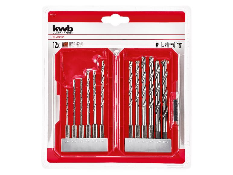 12-teiliges Bohrer-Set in verschiedenen Größen und Ausführungen, verpackt in roter Box.
