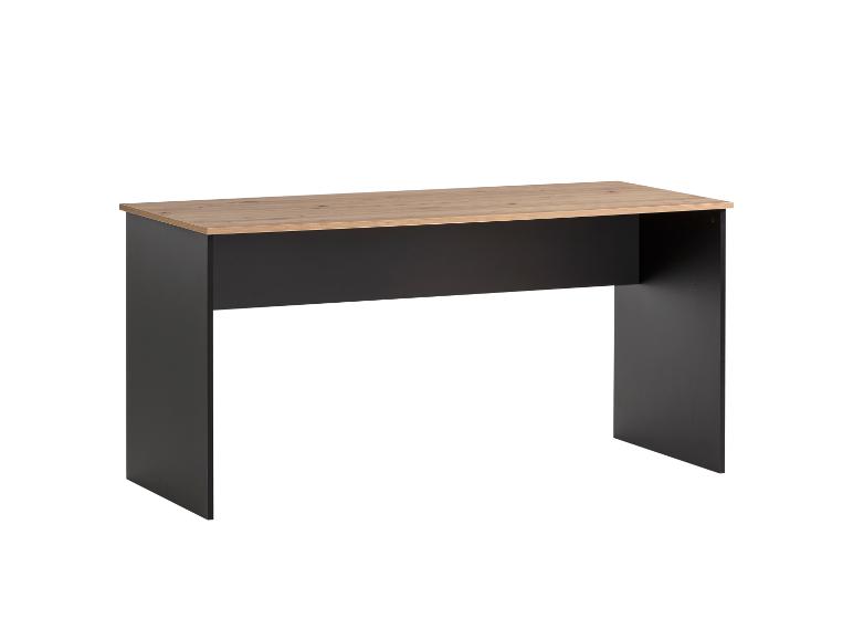 Schwarzer Konsolentisch mit Holzoptik-Platte.