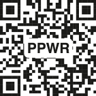 Schwarzer Button mit einem QR-Code und der Aufschrift PPWR.