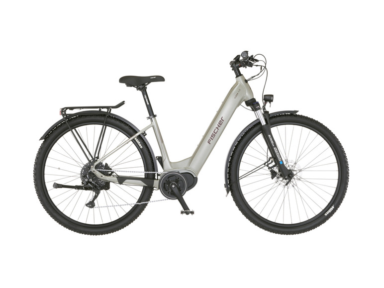 Ein graues Fischer Terra 4.0 E-Bike mit Scheibenbremsen.