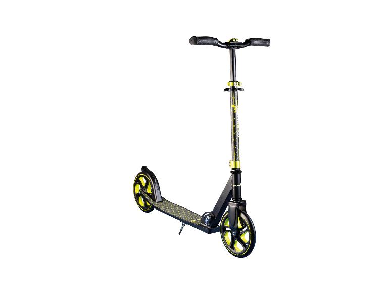 Schwarzer klappbarer Roller mit gelben Akzenten und großen Rädern.