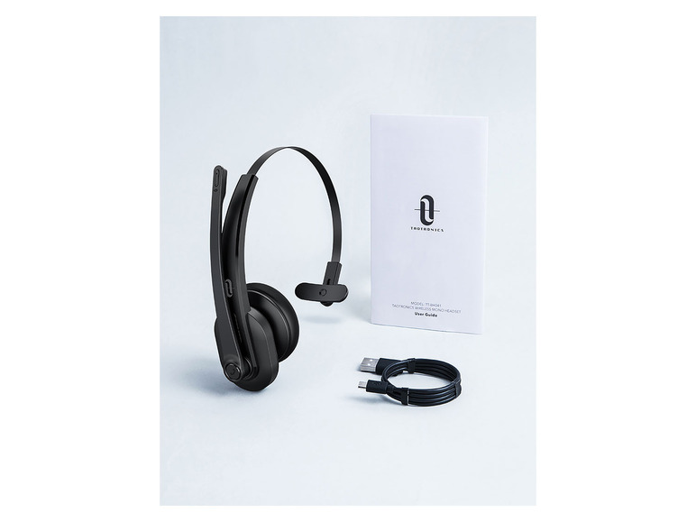 Schwarzes Taotronics drahtloses Mono-Headset mit Ladekabel und Handbuch