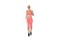 Frau in orangefarbenem Sport-BH und gemusterter Leggings, rennend