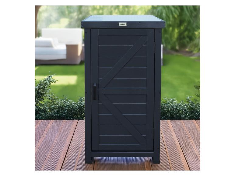 Dunkelgrauer Gartenschrank mit Lamellendesign und HADAO-Logo auf einer Holzterrasse.