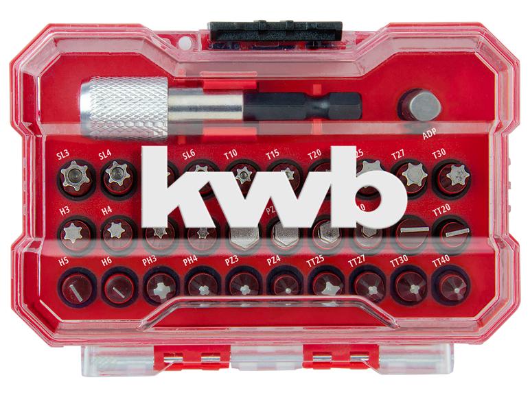 Rotes Bit-Set mit verschiedenen Schraubendreher-Bits und einem Adapter, beschriftet SL3 bis TT40.