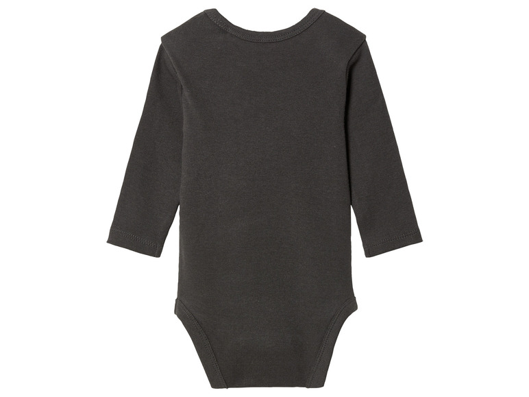 Ein dunkelgrauer Baby-Body mit langen Ärmeln.